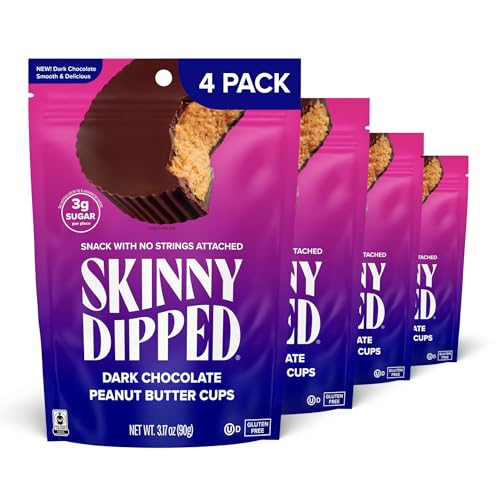 SkinnyDipped Dark Chocolate Peanut Butter Cups, 2g Sugar per Cup, Keto Friendly, Low Carb, Gluten Free, 3.2oz, 4 Pack (24 Cups Total)