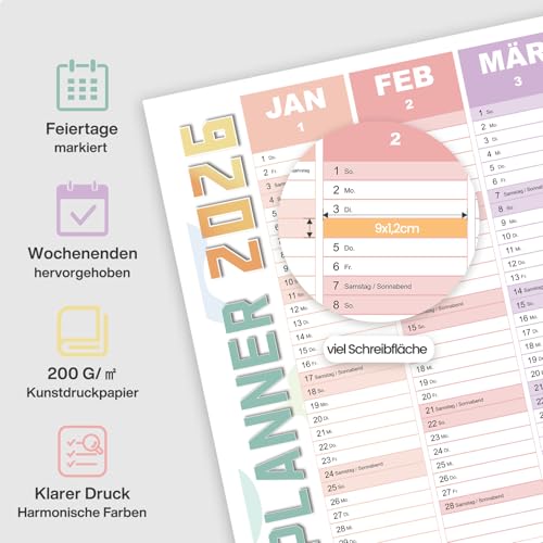 Wandplaner 2026, groß, 120 x 42 cm – doppelseitig laminierter Jahreskalender mit Röhrenverpackung, knitterfreies Design, 8 Aufkleber – Wand-Organizer fürs Homeoffice, leuchtende Farben