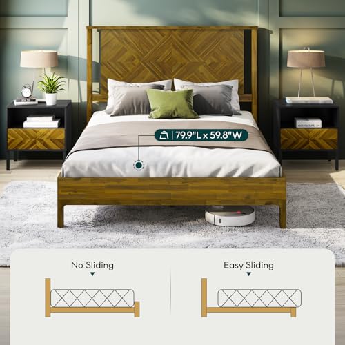 Bme Ethan Queen Bed Frame with Diamond Headboard, Mid-Century Modern, Solid Acacia Wood, No Box Spring Needed, Fits All Mattresses, Rustic Brown - Thumbnail 7