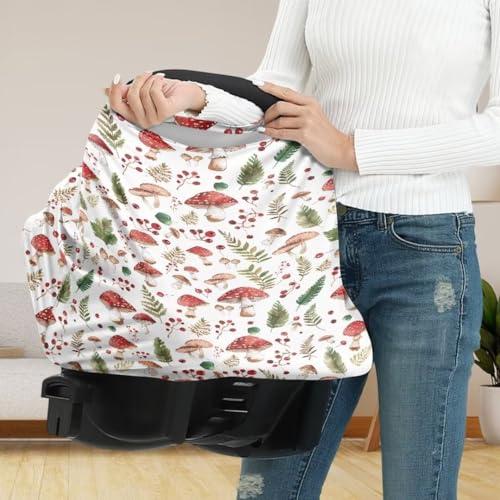 Image of Coldinair Cute Mushroom Car Seat Cover for Babies Boys Girls,Nursing Cover,Soft Stretchy Infant Carseat Canopy,Shopping Cart /High Chair /Stroller Covers