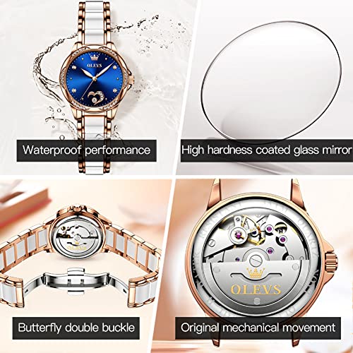 Image of OLEVS Watches for Women Dress Roman Numerals Diamonds Stainless Steel Waterproof Silver Designer Metal Date Expanding Bracelet Ladies Wrist Watch, Blue, 华丽的