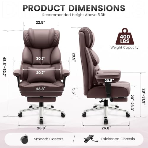 Image of BestGlory Office Desk Chair, Big and Tall Leather Gaming Chair with Footrest, Wide Ergonomic Comfy Executive High-Back Reclining Computer Chairs, Swivel Rolling Wheels and Padded Lumbar Support,Coffee