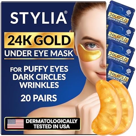Stylia Under Eye Patches for Puffy Eyes and Dark Circles (20 Pairs), 24k Gold Eye Mask, Face Eye Mask Skincare, Eye Care for Wrinkles and Puffiness, Collagen Under Eye Masks, Moisturizing Eye Gel Pads Cover