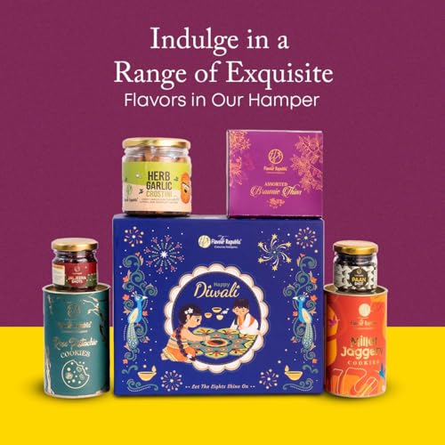 Image of The Flavour Republic Joyful Treat Box | Premium Diwali & Bhai Dooj Hamper with Herb Garlic Crostini, Brownie Thins, Paan & Jaljeera Shots, Millet Jaggery Cookies, Rose Pistachio Cookies & Seed Crackers | Perfect for Family, Friends & Corporate Gifting