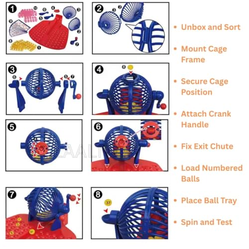 Image of Roller Housie Game Set with Revolving Container, 90 Numbered Balls, 48 Reusable Numbered Cards & Large Number Tray | Complete Family Entertainment Tambola Lotto Game | No Pins or Pens Required