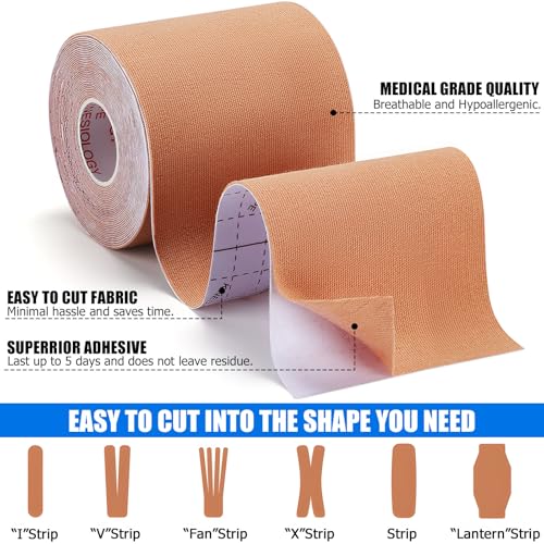 Image of 3 Rolls Kinesiology Tape, Waterproof, 3in x 5.5yd, Beige | Water-Resistant & Breathable, Latex-Free Cotton for Muscle & Joint Support During Powerlifting, Cross Training & Workouts