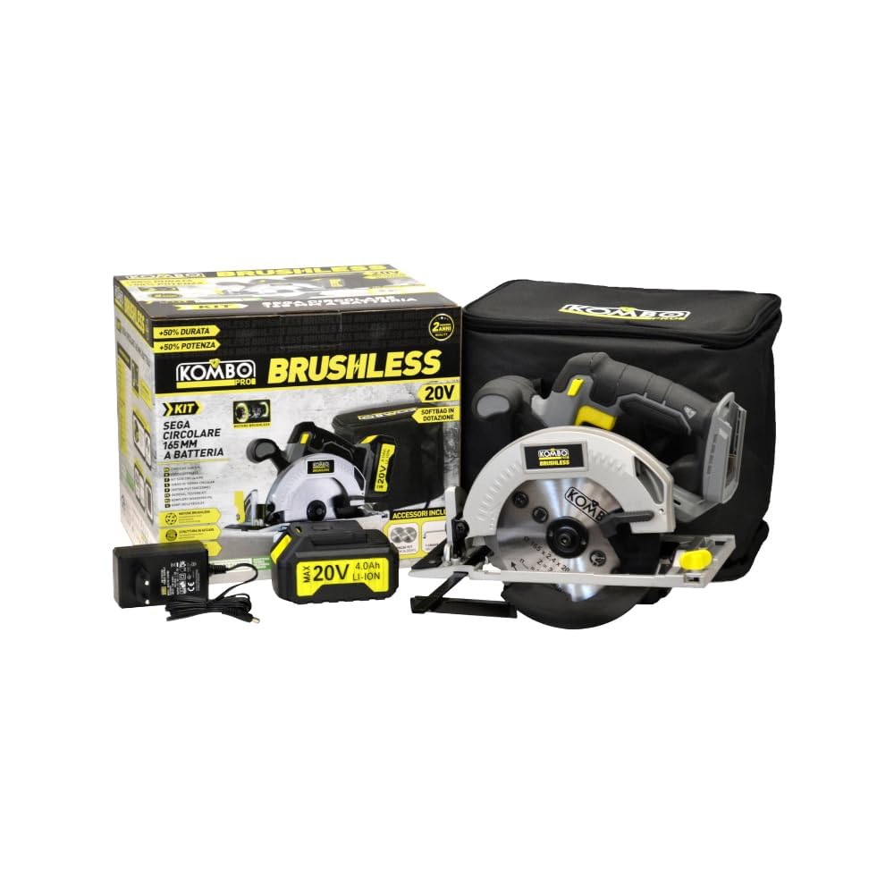 KOMBO PRO - Kit Sega Circolare BRUSHLESS 165 mm 20V – 2 Dischi TCT, Taglio 57 mm a 90° / 42 mm a 45°, Soft-Grip, Valigetta Soft-Bag e Batteria 4.0Ah