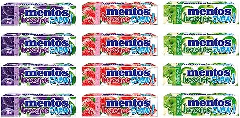 12 Incredible chew candy - variety party pack chewy fruity flavor, each unit 1.6 ounce (4 strawberry, 4 grape, 4 green apple)