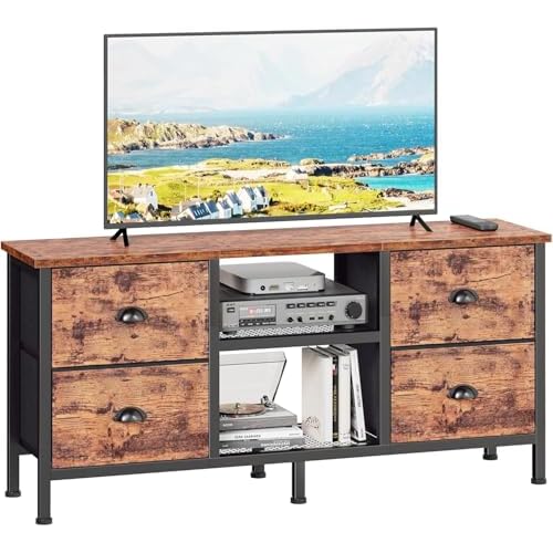 Furologee TV Stand Dresser with 4 Drawers, Television Stand with Open Shelf, Entertainment Center for 50″ TV, Industrial Media Center for Bedroom, Living Room, Rustic Brown