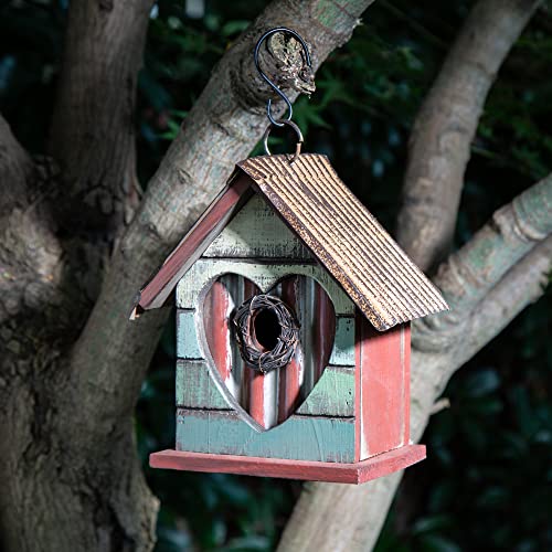 Glitzhome 6.8" H Hanging Bird House Outdoor Garden Patio Garden Decorative Pet Cottage Distressed Heart Wooden Birdhouse #TOP4