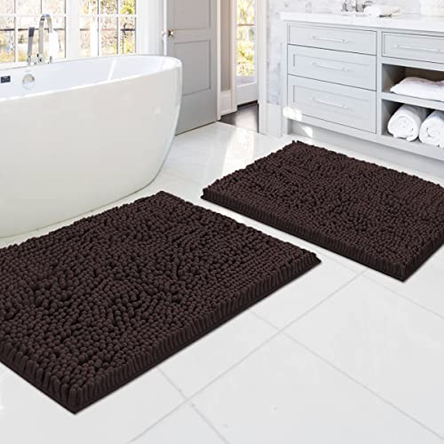 Alfombras de baño para baño, antideslizantes, de lujo, felpilla, extra suaves, absorbentes, peludas, lavables, de secado rápido, juego de 2 piezas (chocolate, 20 x 32 pulgadas/17 x 24 pulgadas) Cover