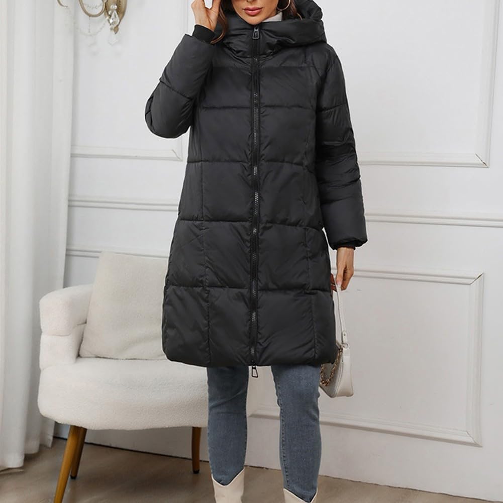 Piumino lungo da donna con cappuccio, parka invernale spesso e caldo, giacca imbottita con doppia cerniera, abbigliamento casual, per uso quotidiano nero bianco kaki marrone