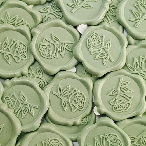 Pilloze 50 Pcs Adhesive Green Rose Wax Seal Stickers, Adhesive and Easy to Use Green Rose Envelope Stickers, Rose Seal for Wedding Invitation or Envelopes, Scrapbooking