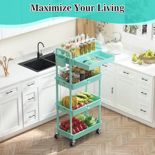 Image of SUNALLY 4 Tier Rolling Utility Cart with Drawer, Storage Organizer Cart with 2 Lockable Wheels, Multifunctional Rolling Storage Cart for Bathroom, Kitchen, Craft, Makeup, Baby Essentials, Blue