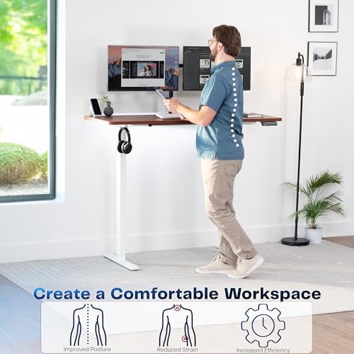 Image of VIVO Electric 60 x 24 in Standing Desk, Memory Height Adjustment, 1B Series, Holds 220 lbs, One-Piece Dark Walnut Top, White Frame, DESK-KIT-1W6D