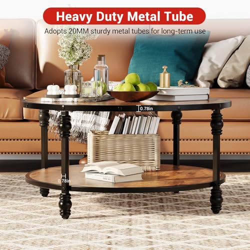 OPULENTHOME Großer Couchtisch, rund, aus Massivholz, Wohnzimmertisch im Vintage-Stil, 2 Ebenen, Beistelltisch mit Säulenfüßen, für Wohnzimmer, Büro, 72 x 72 x 48 cm – Bild 7
