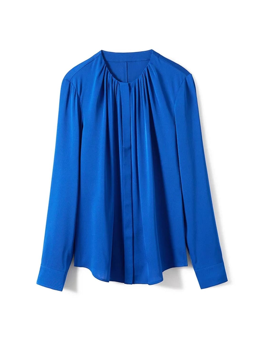 Camisas lisas para mujer, plisadas, cuello redondo, manga larga, camisa de gasa para oficina y trabajo