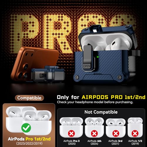 Image of Inesore for AirPods AirPods Pro 1st /2nd Case with Secure Lock (Dark Blue) | Phone Stand Design,Compatible with MagSafe,Automatic Snap Switch Secure Cover Carbon Fiber Texture with Cleaner Kit