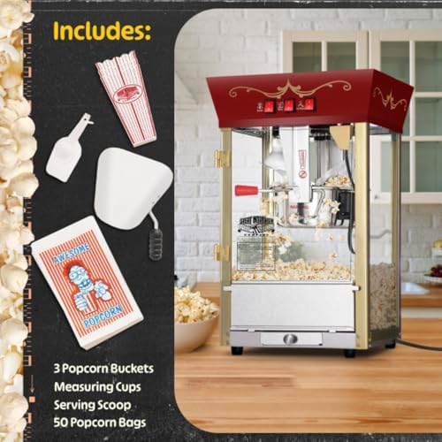 Matinee Popcorn Machine with Cart - 8oz Popper with Stainless-Steel Kettle, Warming Light, and Accessories by Great Northern Popcorn (Red) - 3