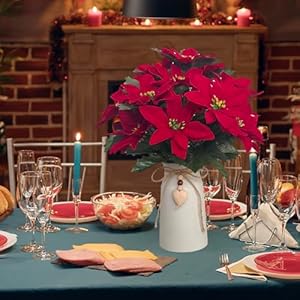 Artificial Red Poinsettia Christmas Flower Arrangement in Decorative White Vase, Holiday Floral Centerpiece with Heart Accent, Perfect Christmas Décor for Home, Office, or Gifts Artificial Red Poinsettia Christmas Flower Arrangement in Decorative White Vase Holiday Floral Centerpiece with Heart Accent Perfect Christmas Decor for Home Office or Gifts