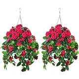 QIANYUN 2PCS Fake Hanging Plants with Red Geranium Flowers - 31in Fake Vines and Plastic Flowers for Outdoors - Front Porch Ceiling & Wedding Decorations - Includes Hanging Planters