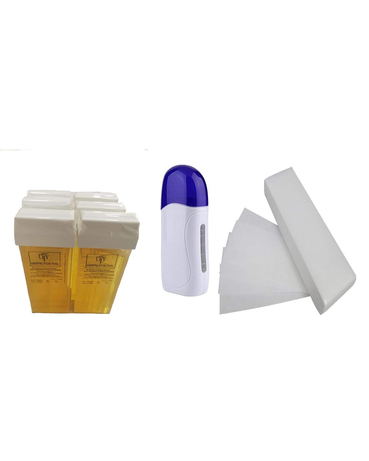 Kit de Depilación Profesional, 1 Calentador de Cera Tibia Roll-on, 6 Cartuchos de Cera(100ml/ud), 1 Paquete de Bandas Depilatorias(100uds)