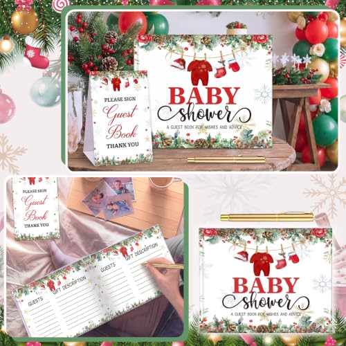 Image of Fuyoooo 27 Pcs Christmas Baby Shower Guest Book Gold Pen Photo Corner