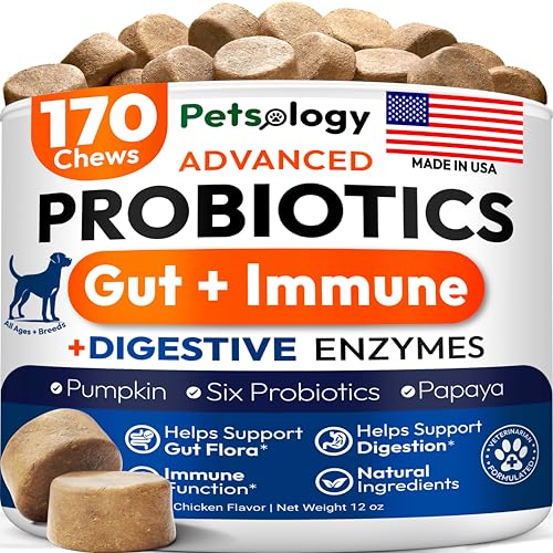 Probiotics for Dogs – 170 Dog Probiotics Chews – Digestive Enzymes & Prebiotics – Support Gut Health, Diarrhea, Gas & Constipation Relief – Itchy Skin, Allergies, Yeast Balance – Advanced Supplement