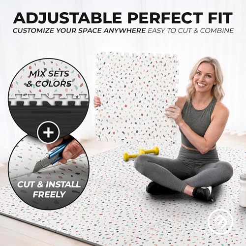 Image of bemaxx Gym Mats Set - 12 pcs EVA Interlocking Foam Floor Tiles (24.4 inchx24.4 inchx0.4 inch) 48 sqft Protective Gym Flooring Sports Home Workout Exercise Mats Puzzle Garage Fitness Play-Room Pool Treadmill Bike