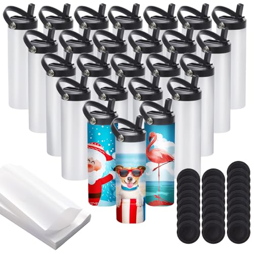 25 Pack Sublimation Tumblers Flat Edge Blanks Skinny Straight 20 oz, Stainless Steel Double Wall Insulated Sublimation Water Bottles with Portable Handle & Straw Lids for Heat Transfer, White