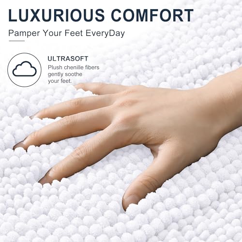 Image of Smiry Thick Chenille Bathroom Runner Rugs 44x24, Extra Absorbent Striped Bath Mat, Machine Washable, Rubber Backing, Long Bath Rugs for Tub & Shower, Modern Home Decor Accessories, White