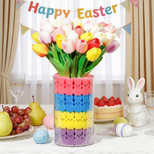 Image of ALFEVA Easter Decorations-Vase in Vase 15pcs Artificial Tulips and 56 Peeps Bunnies Filler, Easter Vase Set Ready to Display,Spring Decorations for Home Table