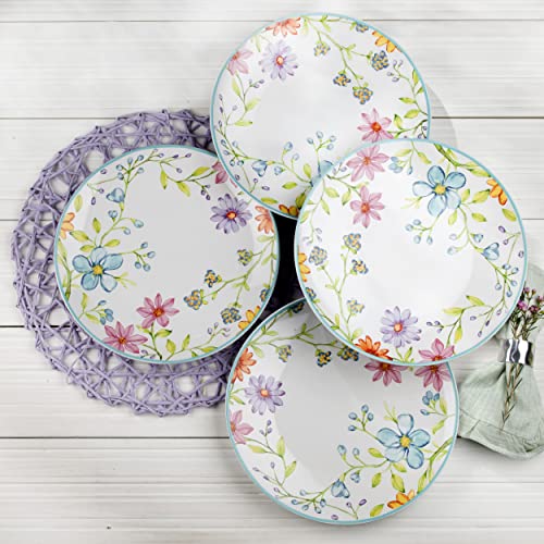 Euro Ceramica Charlotte Collection Stoneware, 16 Piece Dinnerware Set, Service For 4, Watercolor Floral Design In Multicolor White Pink #TOP2