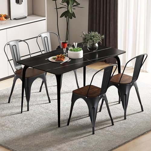 Image of COSTWAY 18 Inch Dining Chair Set of 4, Industrial Vintage Stackable Metal Chairs, Counter Bar Chairs with High Backrest, Wood Seat, for Home, Kitchen and Cafe Bar Use