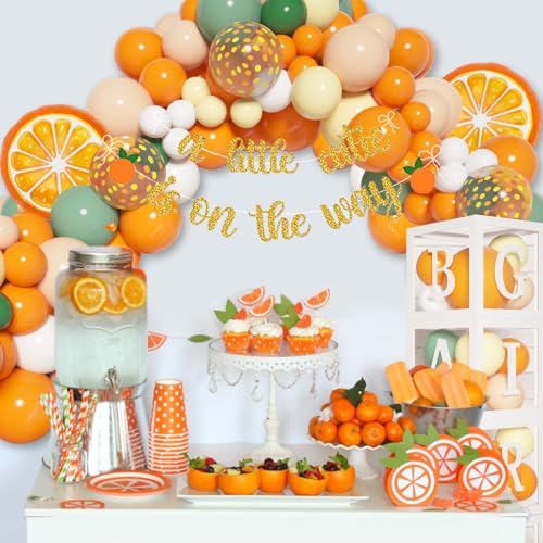 Image of 138pcs Little Cutie Baby Shower Orange Balloon Arch Kit Boxes Decoration | Baby Block with Letters A Little Cutie is On The Way Banner Willow Leaves for Fruit 1st Birthday Party Decorations