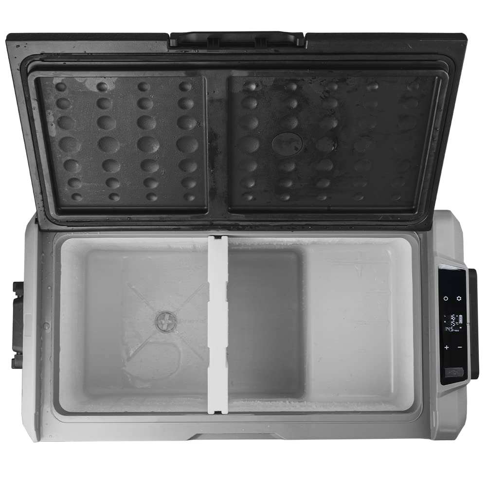 Frigorifero Portatile con Compressore 12V 220V, Frigo Congelatore con 2 Scomparti, Ruote e Manici Laterali, AC-DC 12/24 V, Ideale per Auto, Camper, Barca, Viaggi, Picnic (50 Litri)