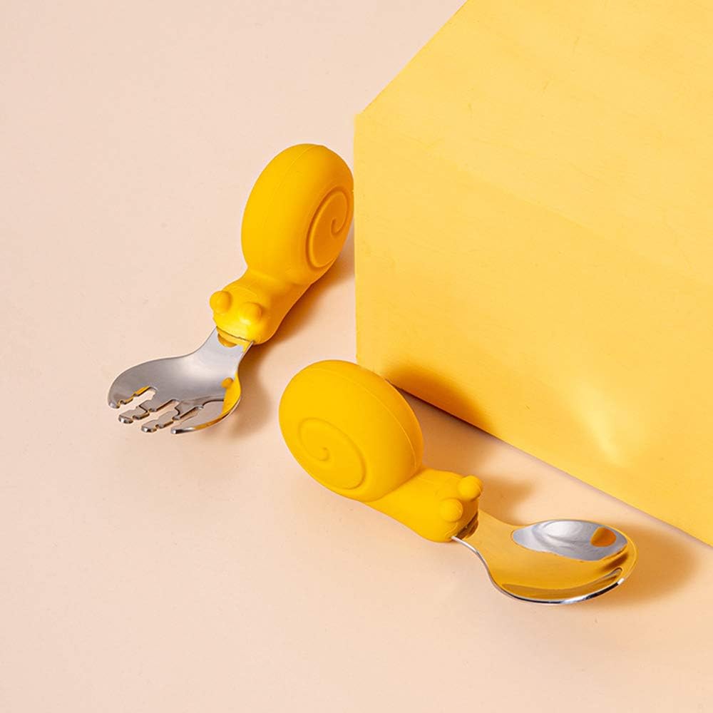 QA ベビー用 スプーンとフォーク ベビー用食器 ステンレス カトラリーセット 離乳食訓練 初めての離乳食用具 収納ボックス付き 赤ちゃん 子供 食事用 出産祝い プレゼント 誕生日 贈り物 黄色いカタツムリ