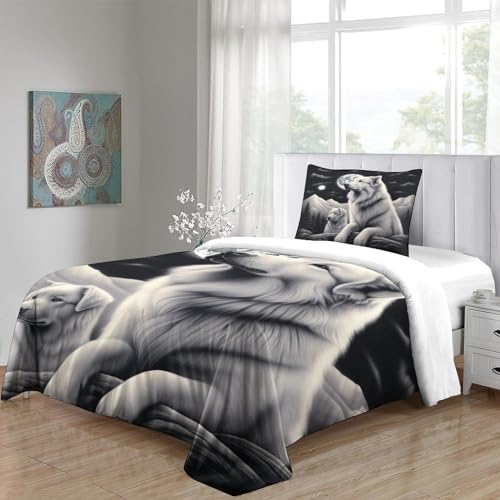 Parure housse de couette loup gris multicolore drap de lit microfibre single 135x200cm