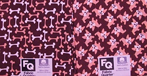 FAT QUARTERS (2) DOG/DOG BONES SET BROWN & PINK ~ 100% COTTON FABRIC ~