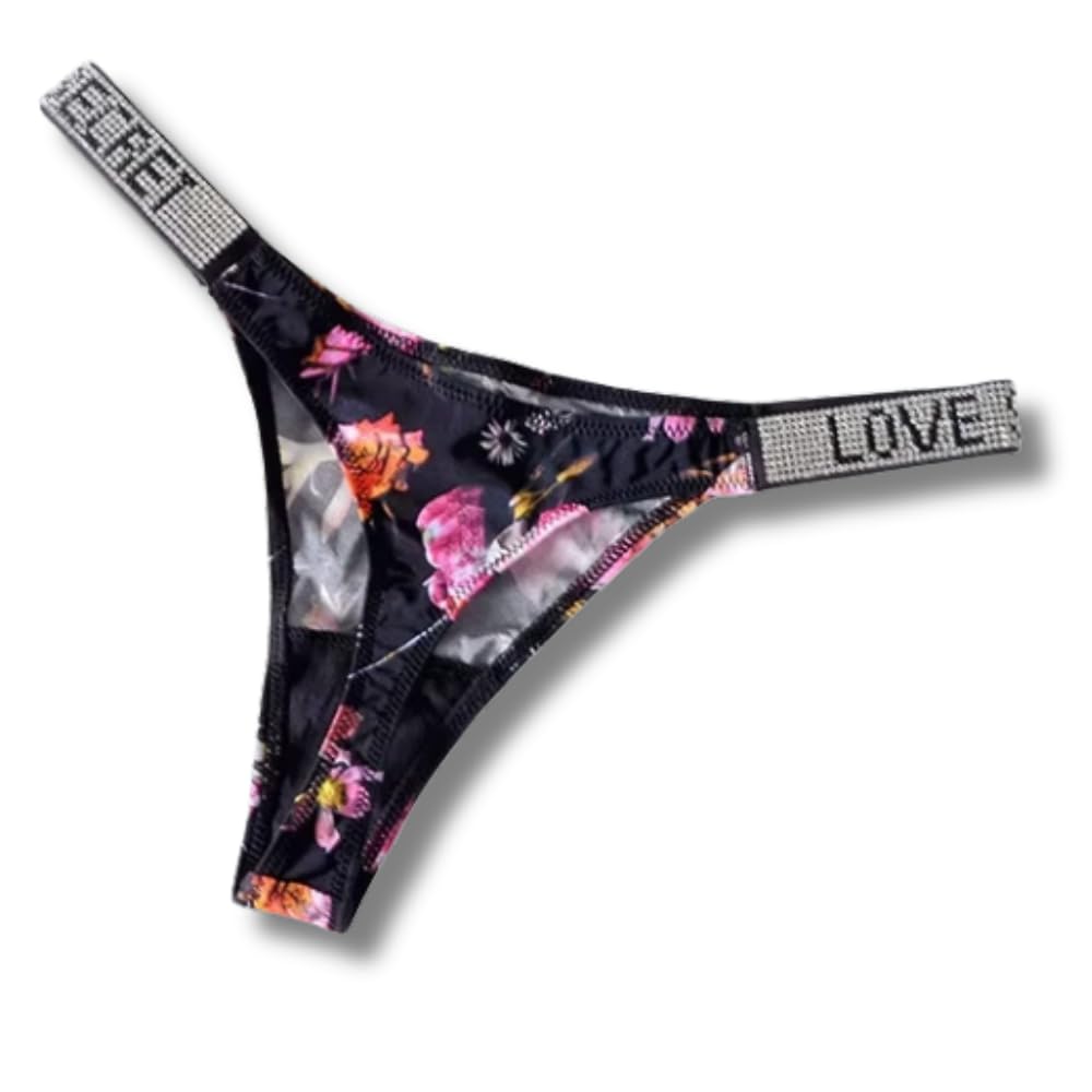 POGSTER Women's Mid-Rise Thong Underwear with Rhinestone Strap, Black (UK, Alpha, M, Regular, Regular, Black Flower)