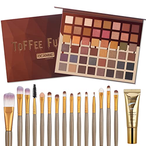 UCANBE TOFFEE FUSION 48 Colors Eyeshadow Palette +15Pcs Brushes Set + Eye Shadow Primer All in One Makeup Kit - Highly Pigmented Matte Shimmer Glitter Long Lasting Blendable Neutral Makeup Pallet