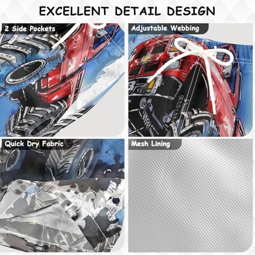 Pigsaly Boys' Swim Board Shorts Hand Drawing Blue Monster Truck Red Boy's Swim Trunks Kids Swimwear M3