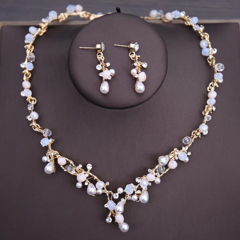 Luxury Crystal Beads Pearl Butterfly Costume Jewelry Sets Floral Rhinestone Choker Necklace Earrings Tiara Wedding Jewelry Set (3Pcs Jewelry Set)4