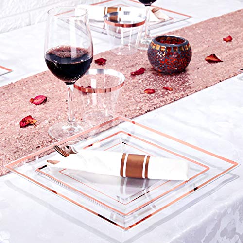 Wellife 350 Pcs Rose Gold Square Plastic Plates, Disposable Rose Gold Dinnerware, Includes: 50 Dinner Plates10.25”, 50 Dessert Plates7.5”, 50 Cups 9 Oz, 50 Pre Rolled Napkins With Cutlery #TOP4