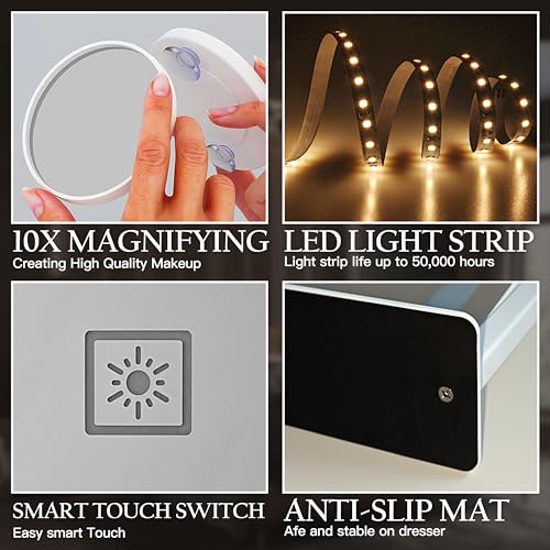 Image of ROLOVE Vanity Mirror with Lights 15 inchx12 inch, Lighted Makeup Mirror with 10X Magnification, 3 Color Lighting & Dimmable Brightness, Light Up Mirror for Desk, Bedroom, Bathroom