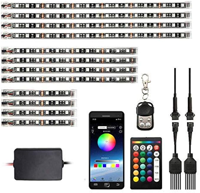HYBKLER 12 Piece Motorcycle LED Light Kit with APP IR RF Wireless Remote Controllers Multi-Color Underglow Neon Ground Effect Atmosphere Light Strips for Harley Davidson Honda Kawasaki Suzuki