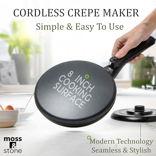 Image of Moss & Stone Cordless Electric Crepe Maker, 8 inch Portable Nonstick Crepe Pan | Nonstick dipping plate, auto shut-off, on /off switch, even heating, dual temperature setting, compact design