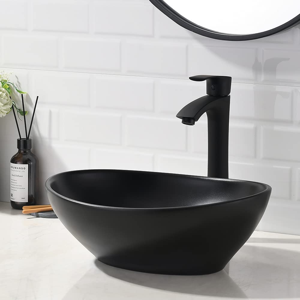 Fregadero de recipiente negro mate de 16 x 13 con grifo y drenaje combinado, fregadero de baño ovalado de porcelana sobre el mostrador 3