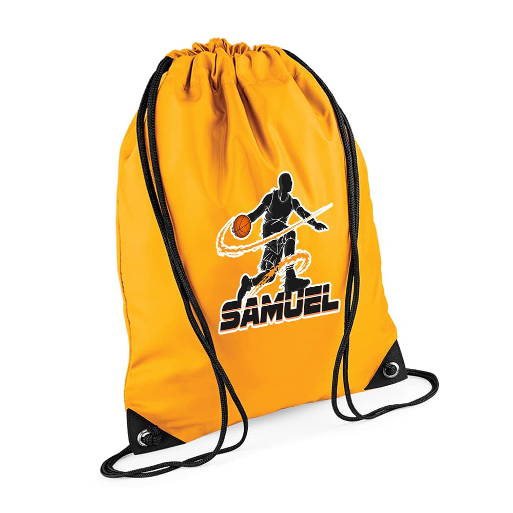 Personalised Basketball Player ANY NAME Sports Lover Gift for Men, Boy, Friend, Birthday present Drawstring Bag, PE Gym Kit Swimming, Sport Rucksack. (Gold) — image 1