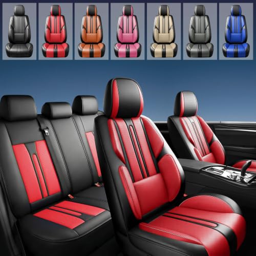 Image of Fit Canyon Car Seat Covers (5 Seats Full Set) Compatible with GMC Canyon 2015-2024 2025 2026 - Full Coverage Premium Breathable Leather,Airbag Compatible,Waterproof & All-Weather,Black-Red